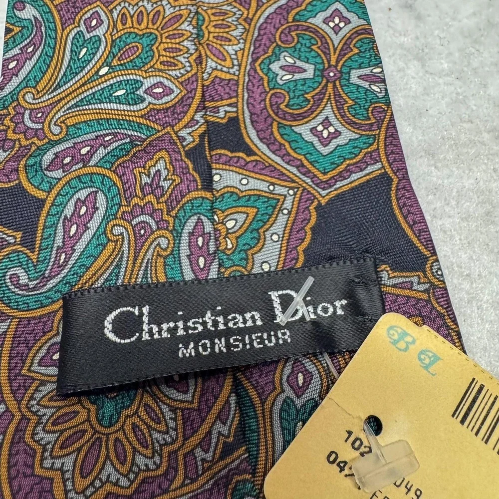 Vintage Christian Dior Tie Mens Silk Paisley Purple Green Monsieur 90s USA‎